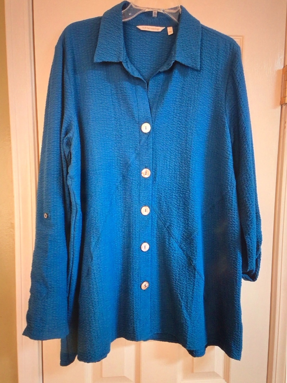 Soft Surroundings Textured Button-Down Shirt in Teal Blue